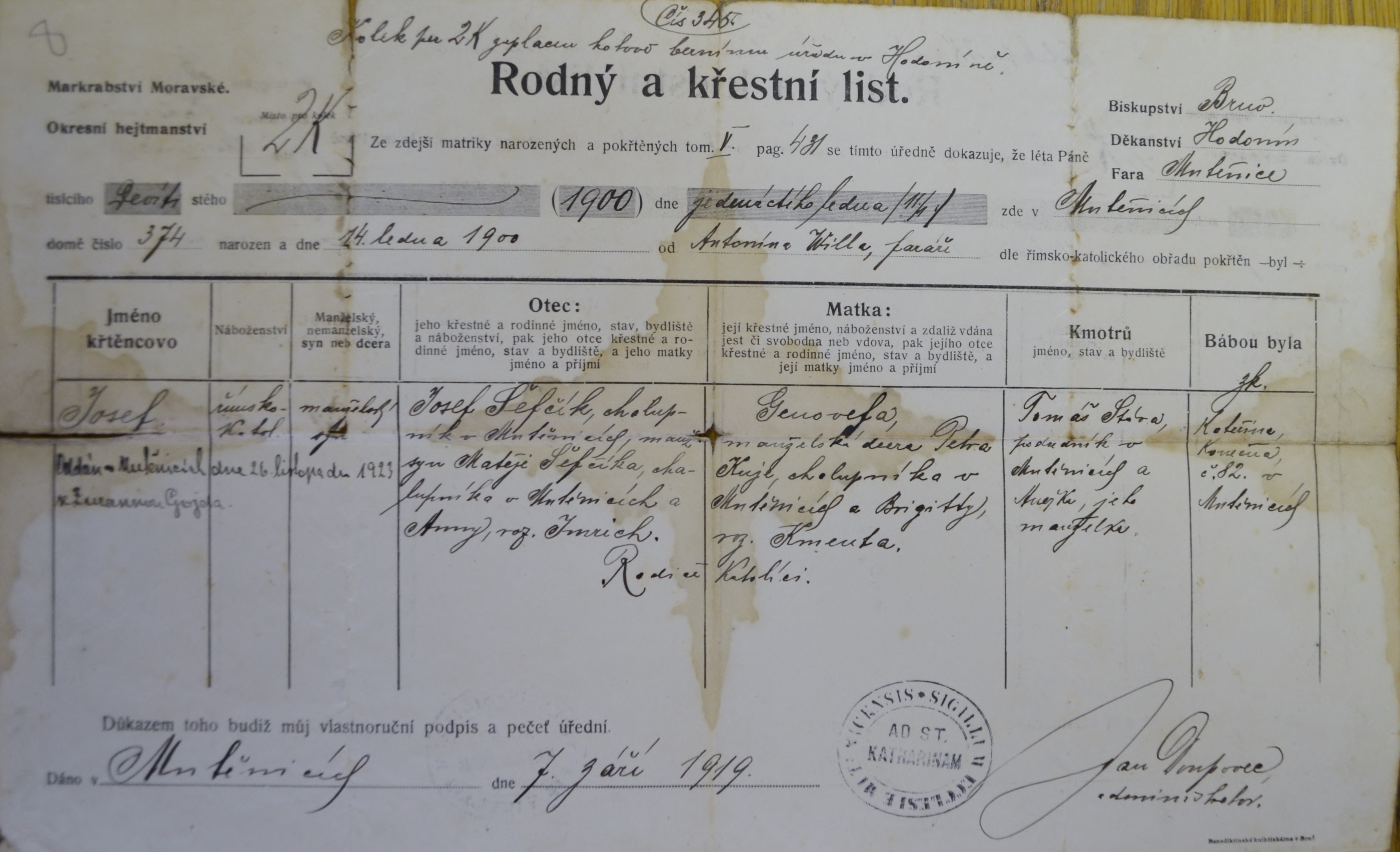 Rodný a křestní list Josefa Šefčíka