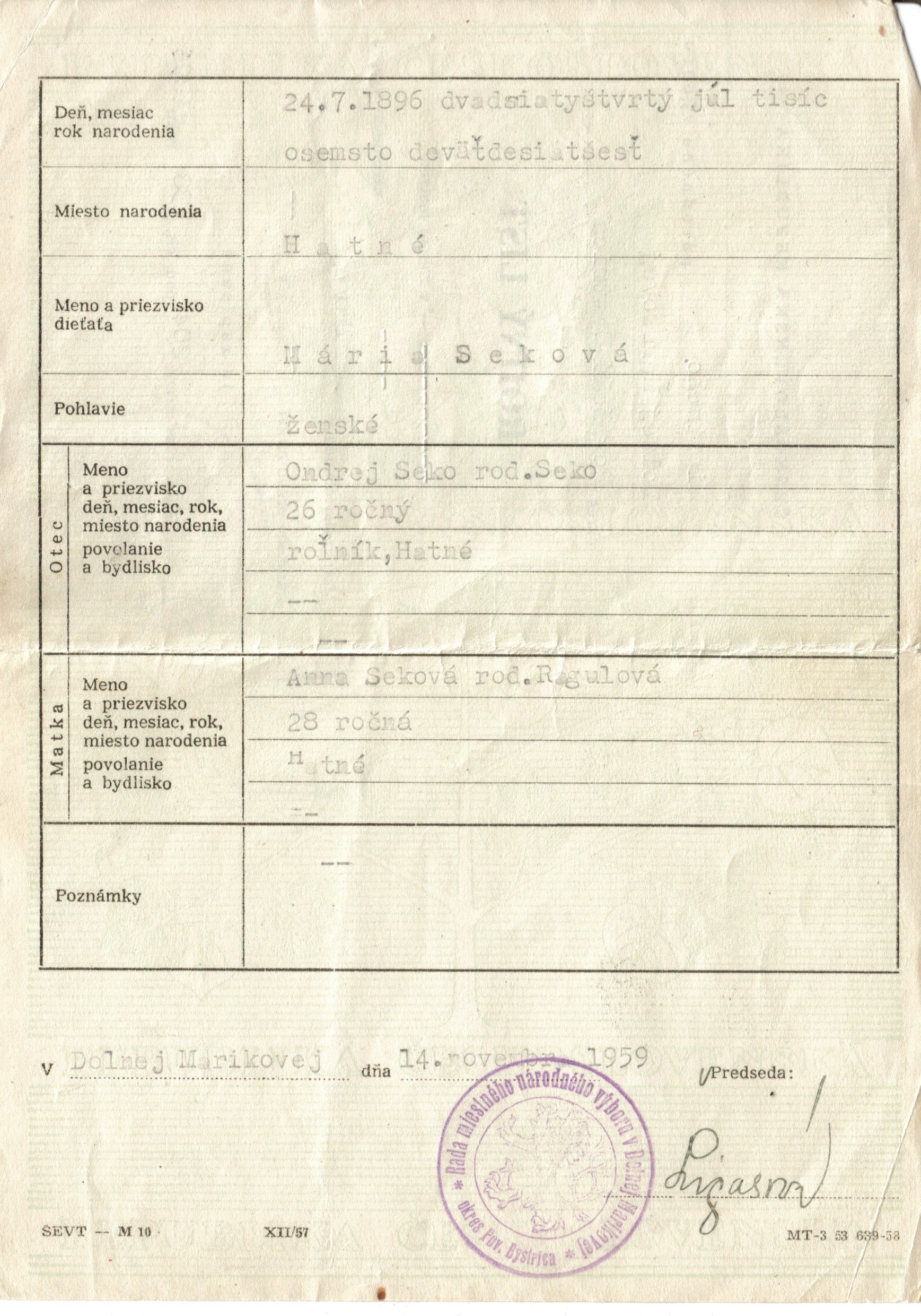 Mária Seková - rodný list 